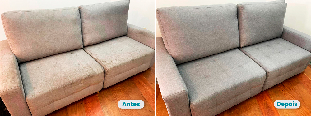 Antes e depois da limpeza de estofados feita pela Líder Limpeza em SP