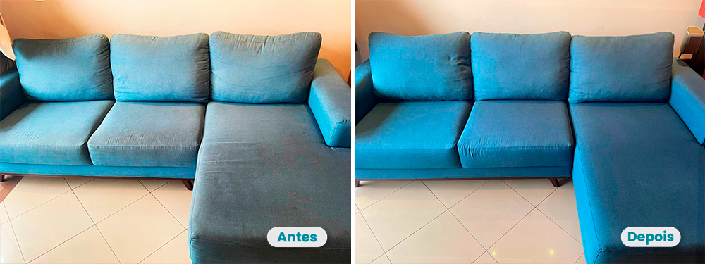 Antes e depois da limpeza de estofados feita pela Líder Limpeza em SP